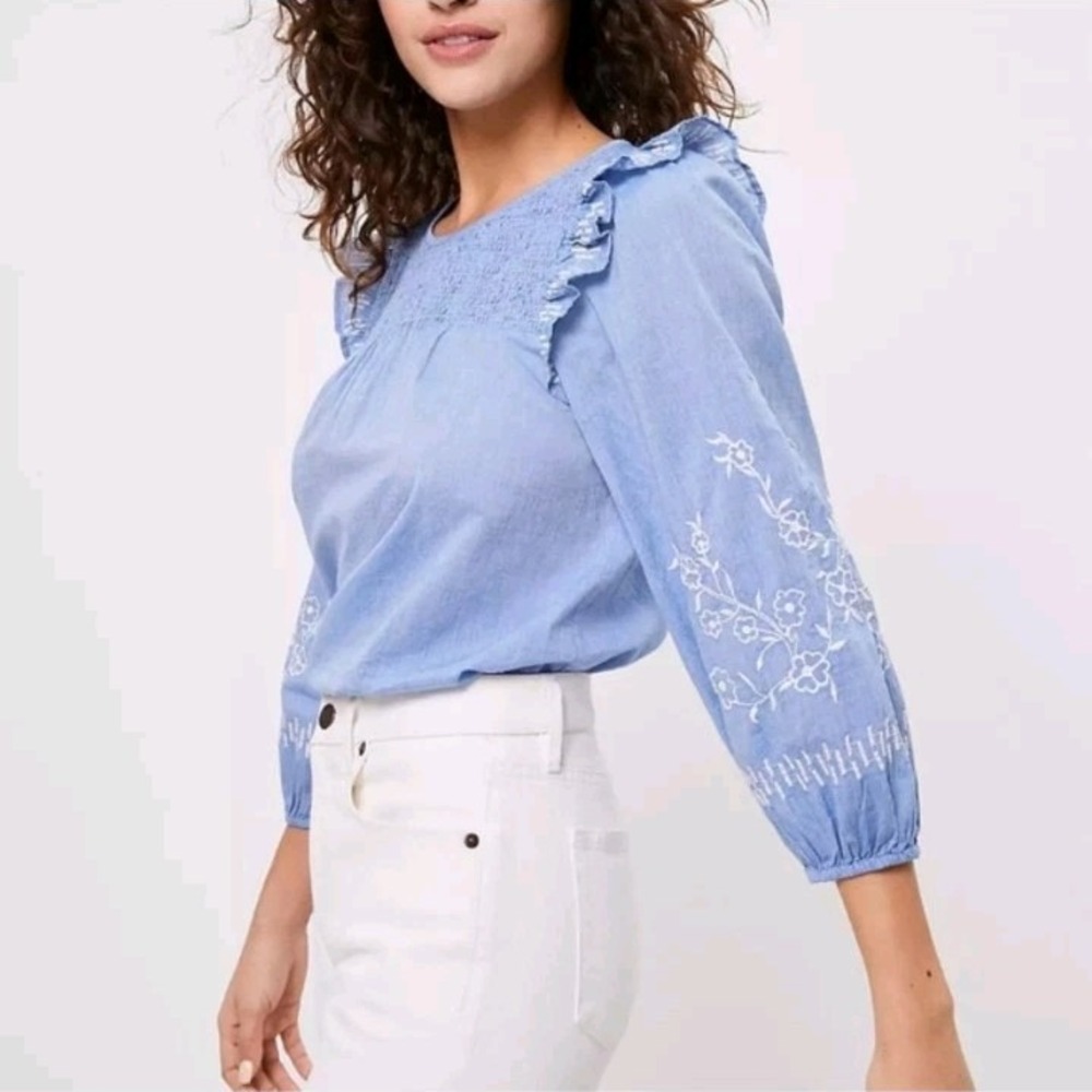 Loft Women's Peasant Top Large NWT Blue Blouse Embroidered Keyhole 100% Cotton